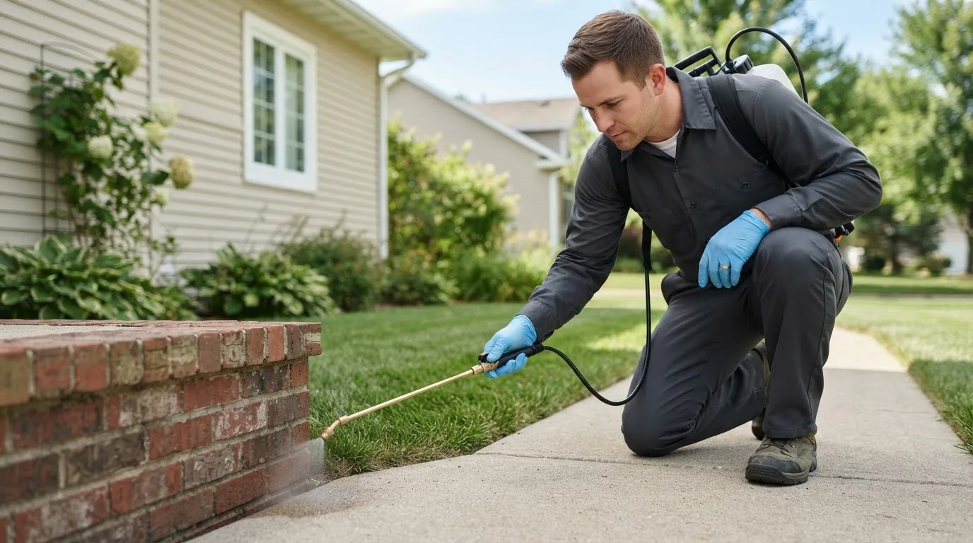 Pest control technician treating a home near College Park, MD
